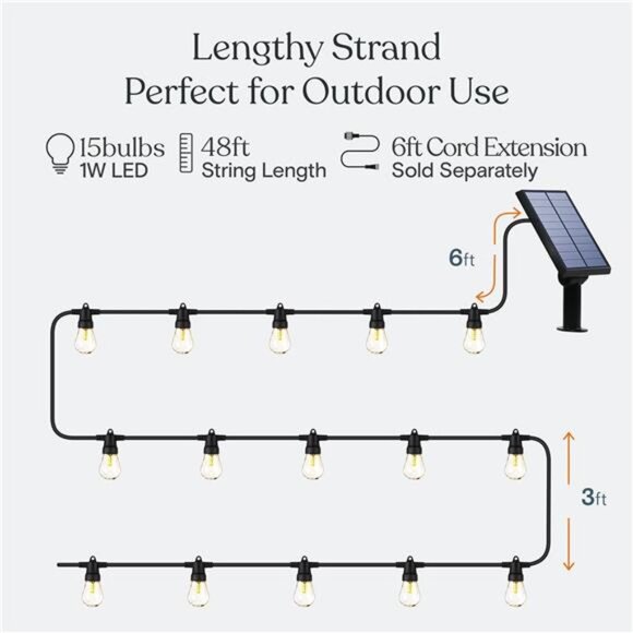 Solar Outdoor String Lights 48ft Patio Edison Bulbs Waterproof LED Hanging Light - Picture 3 of 7